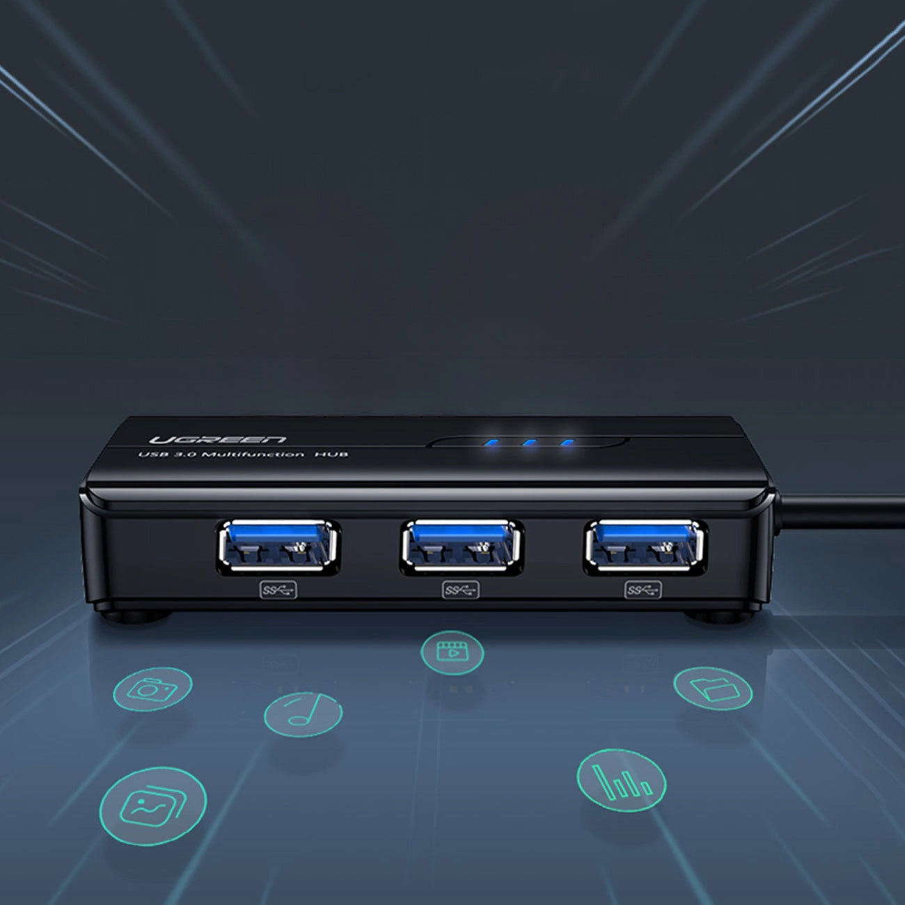 USB hub UGREEN 20265, 3 x USB-A 3.0 - 1 x RJ45, crni