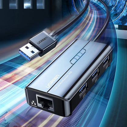 USB hub UGREEN 20265, 3 x USB-A 3.0 - 1 x RJ45, crni