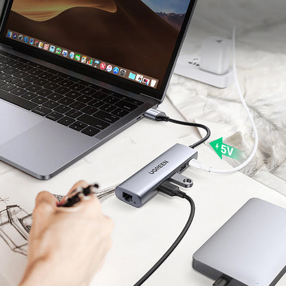 USB Hub UGREEN CM266, 3 x USB-A 3.0 - 1 x RJ45, Sivi
