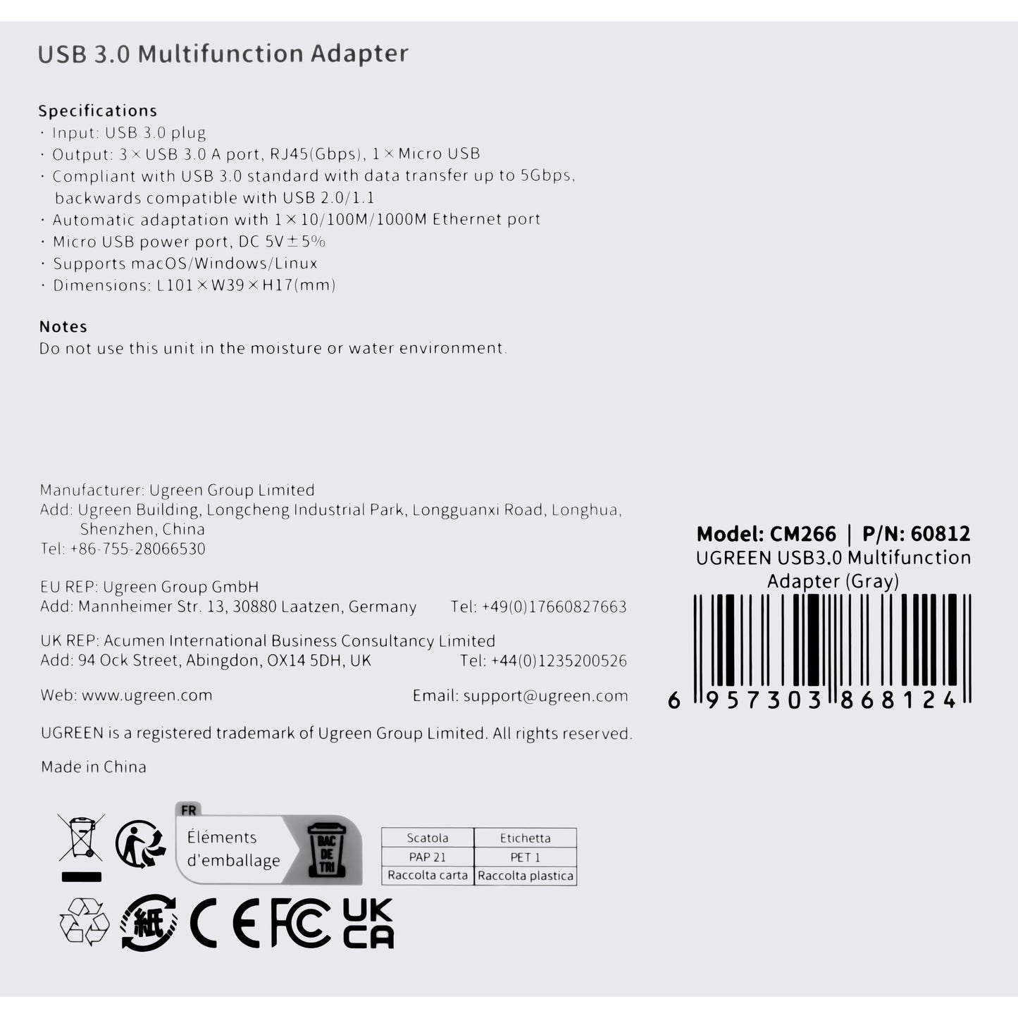 USB Hub UGREEN CM266, 3 x USB-A 3.0 - 1 x RJ45, Sivi