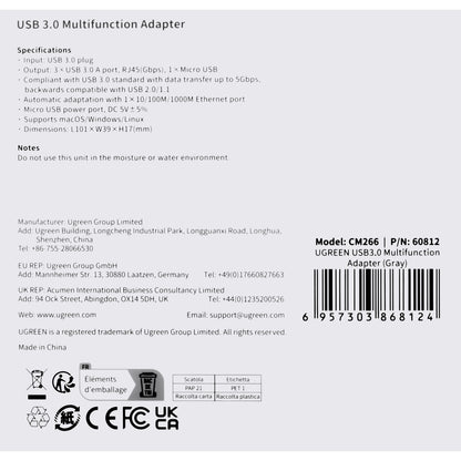USB Hub UGREEN CM266, 3 x USB-A 3.0 - 1 x RJ45, Sivi