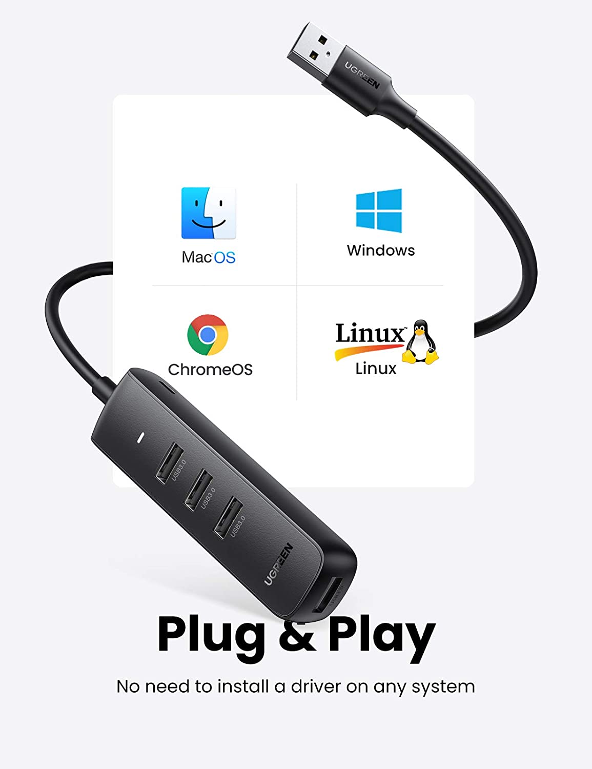 USB hub UGREEN CM416, 4 x USB-A 3.0, 1m, Crni
