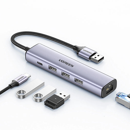 Hub USB UGREEN CM475, 3 x USB-A 3.0 - 1 x USB-C - 1 x RJ45, Gri