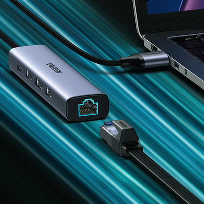 Hub USB UGREEN CM475, 3 x USB-A 3.0 - 1 x USB-C - 1 x RJ45, Gri