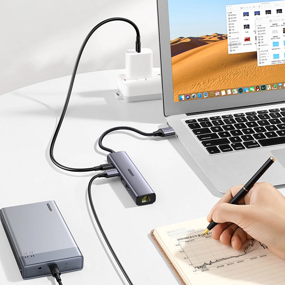 Hub USB UGREEN CM475, 3 x USB-A 3.0 - 1 x USB-C - 1 x RJ45, Gri