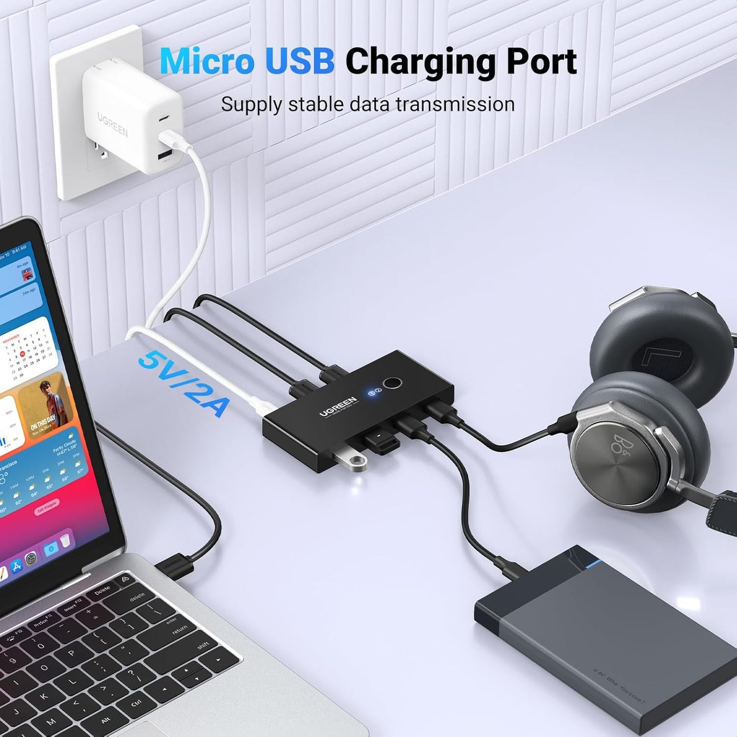 USB hub UGREEN US216 Two Sharing Switch Box, 4 x USB-A, crni