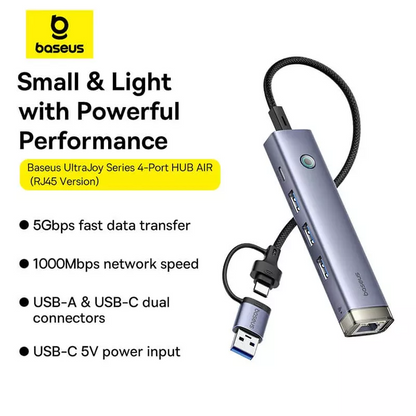 Hub USB / USB-C Baseus UltraJoy, 3 x USB-A 3.0 - 1 x USB-C - 1 x RJ45, Sivi B0005280B811-14