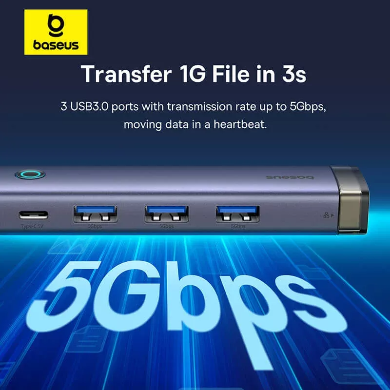 Hub USB / USB-C Baseus UltraJoy, 3 x USB-A 3.0 - 1 x USB-C - 1 x RJ45, Sivi B0005280B811-14