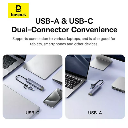 Hub USB / USB-C Baseus UltraJoy, 3 x USB-A 3.0 - 1 x USB-C - 1 x RJ45, Sivi B0005280B811-14