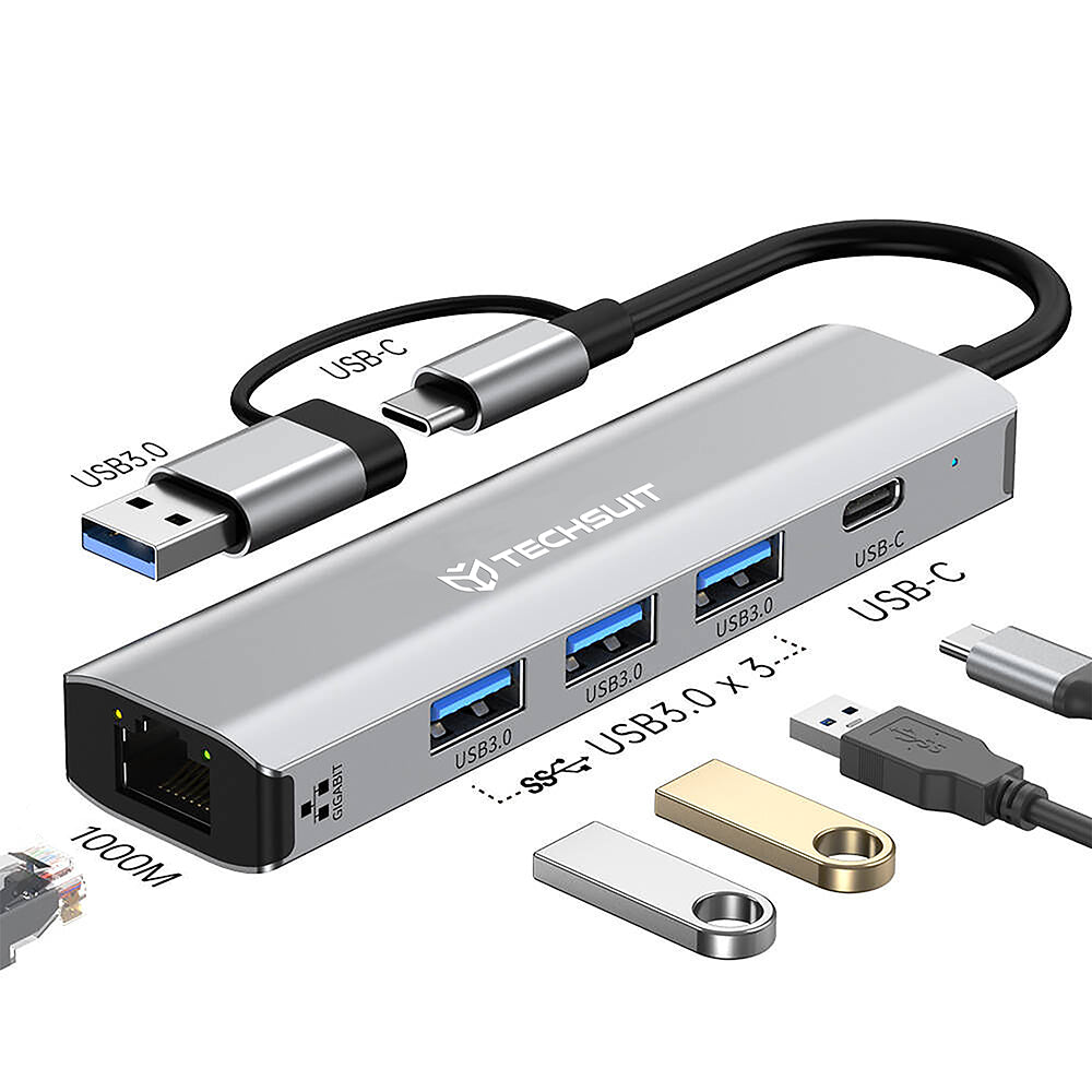 Hub USB / USB-C Techsuit H3 BoostNetLink, 5u1, Sivi