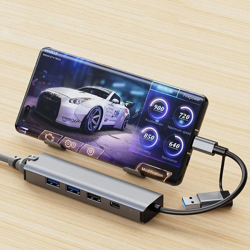 Hub USB / USB-C Techsuit H3 BoostNetLink, 5u1, Sivi