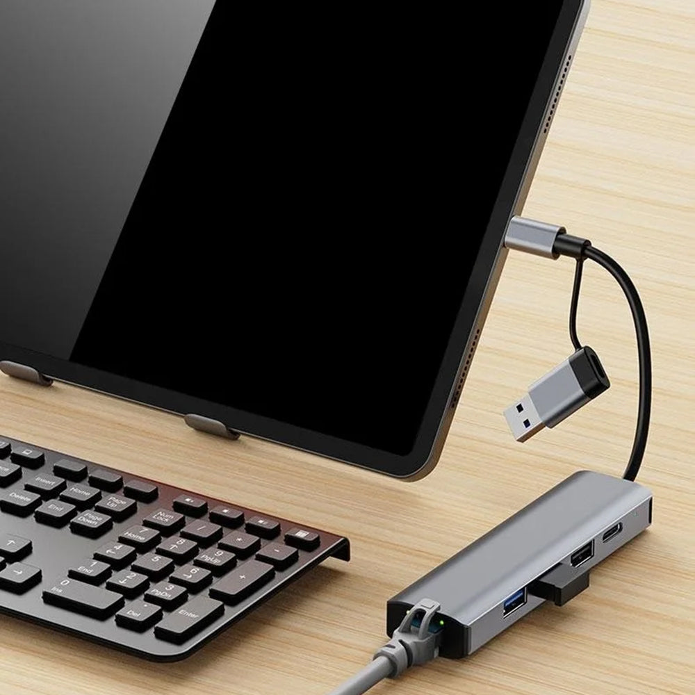 Hub USB / USB-C Techsuit H3 BoostNetLink, 5u1, Sivi