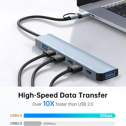 Hub USB / USB-C Techsuit H6 DataBridge, 7u1, Sivi