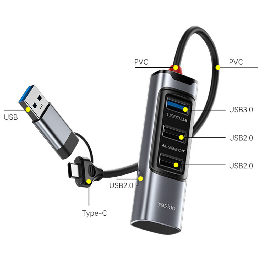 USB / USB-C hub Yesido HB19, 4u1, Sivi