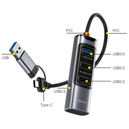 USB / USB-C hub Yesido HB19, 4u1, Sivi