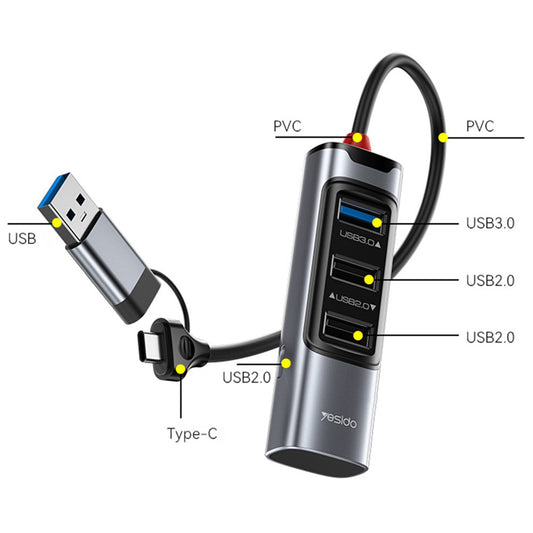 USB / USB-C hub Yesido HB19, 4u1, Sivi