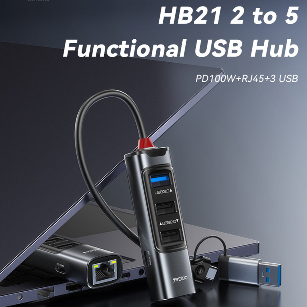 USB / USB-C hub Yesido HB21, 5u1, Sivi
