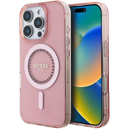 Futrola MagSafe za Apple iPhone 16 Pro Max, Guess, IML Rhinestones Ring, Roza GUHMP16XPFTDTEP