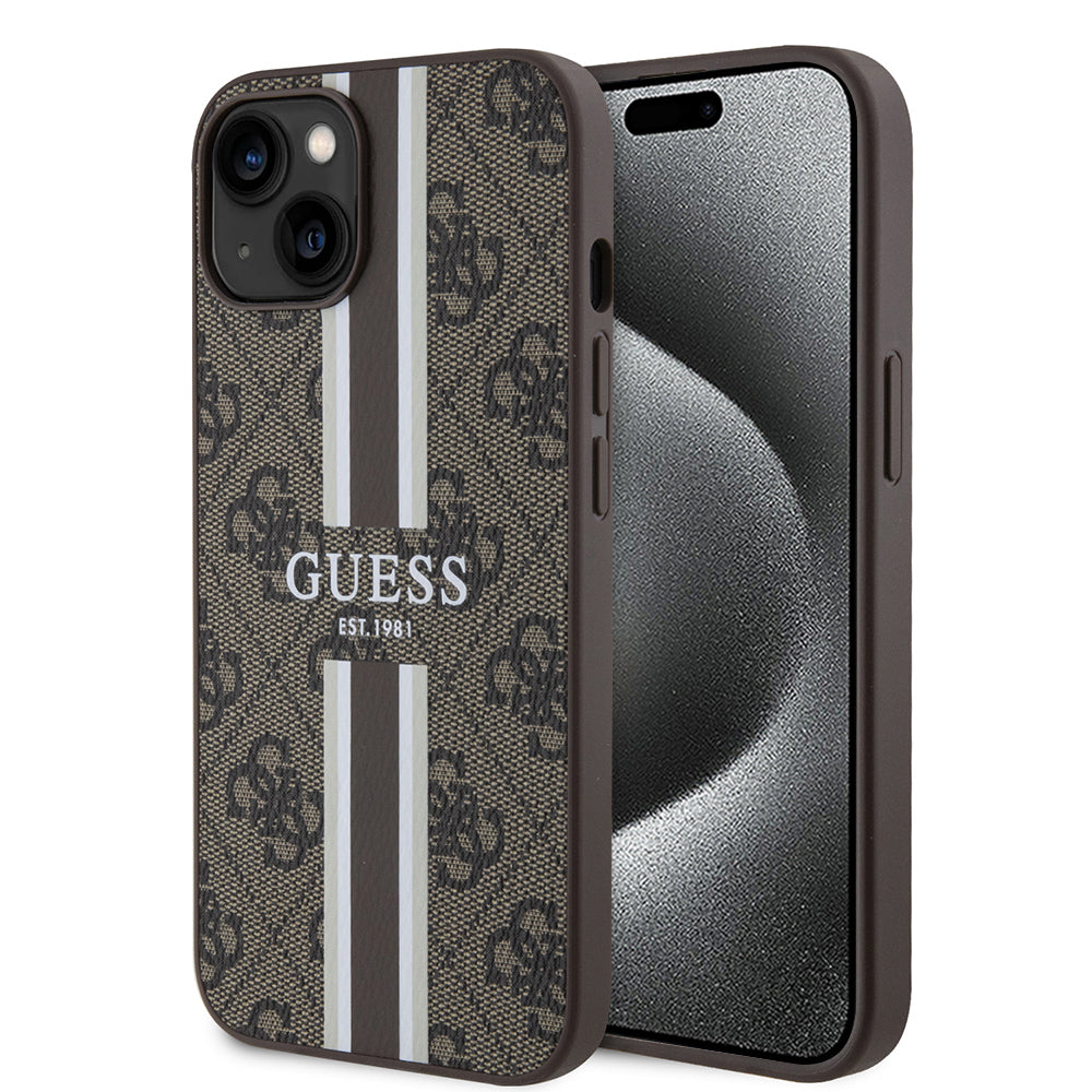 MagSafe futrola za Apple iPhone 15, Guess, 4G Printed Stripes, smeđa