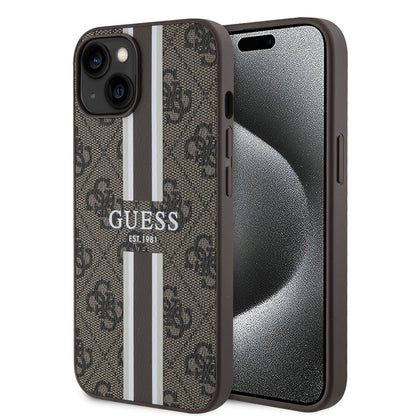 MagSafe futrola za Apple iPhone 15, Guess, 4G Printed Stripes, smeđa