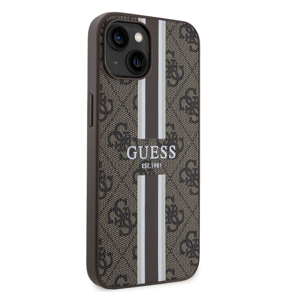 MagSafe futrola za Apple iPhone 15, Guess, 4G Printed Stripes, smeđa