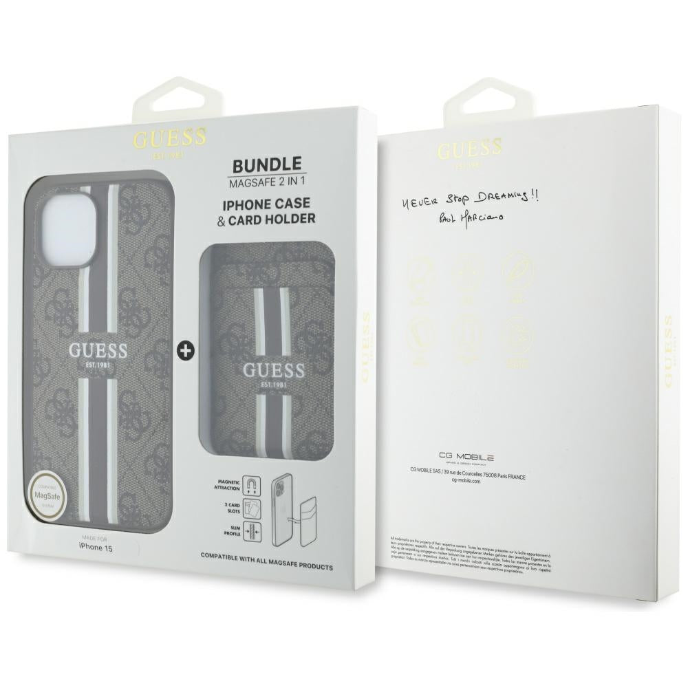 Futrola MagSafe za Apple iPhone 15, Guess, Cardslot 4G Stripes, Smeđa