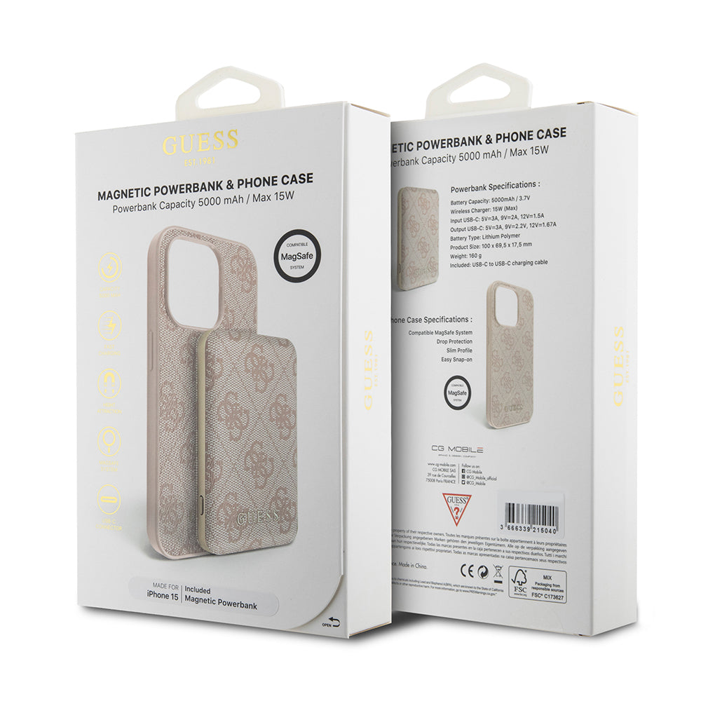 MagSafe futrola za Apple iPhone 15, Guess, Powerbank 4G Metal Logo, Roza