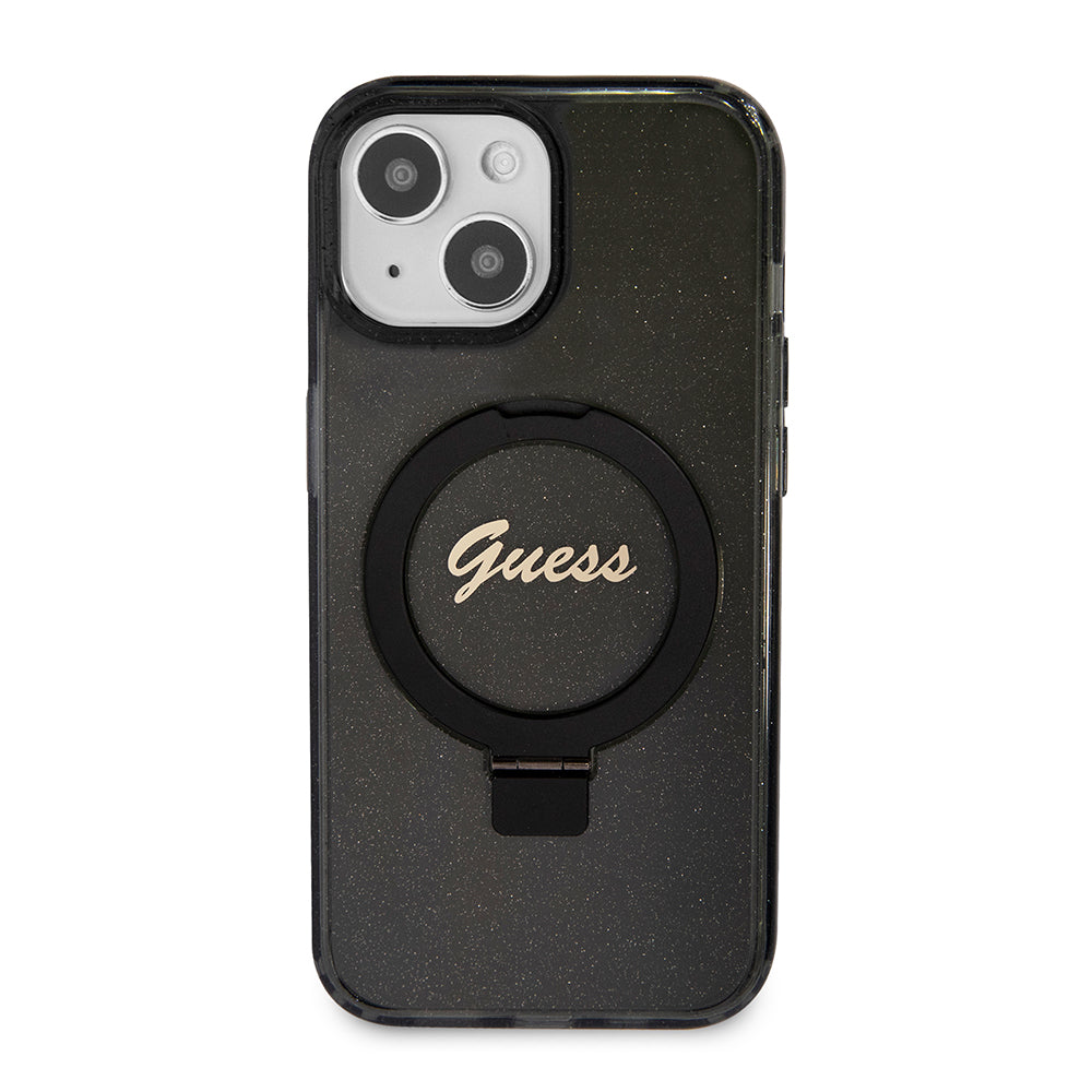 Futrola MagSafe za Apple iPhone 15, Guess, Ring Stand Script Glitter, Crna