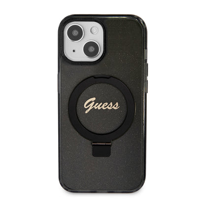 Futrola MagSafe za Apple iPhone 15, Guess, Ring Stand Script Glitter, Crna