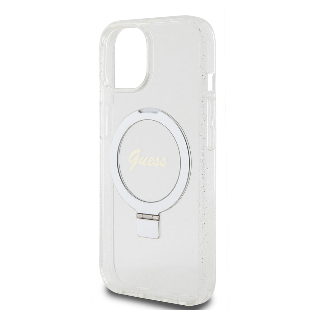 Futrola MagSafe za Apple iPhone 15, Guess, Ring Stand Script Glitter, Prozirna