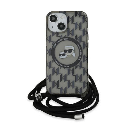 MagSafe futrola za Apple iPhone 15, Karl Lagerfeld, IML Crossbody Monogram Karl & Choupette's Heads, Crna