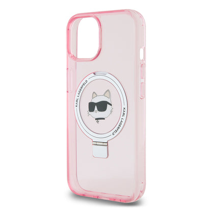 Husa MagSafe za Apple iPhone 15, Karl Lagerfeld, Ring Stand Choupette's Head, Roza