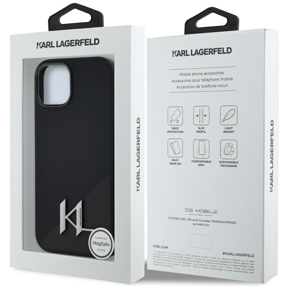 Futrola MagSafe za Apple iPhone 15, Karl Lagerfeld, Silicone Shadow Metal Initial, Crna