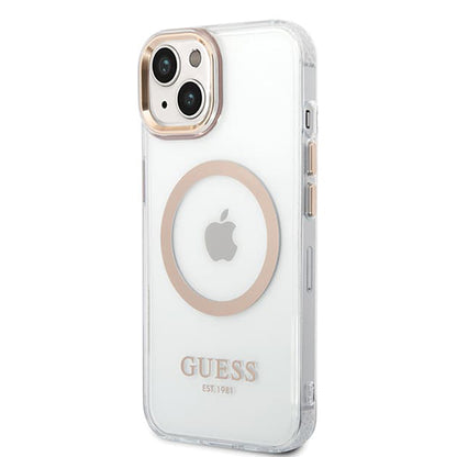 Futrola MagSafe za Apple iPhone 15 Plus, Guess, Metal Outline, Zlatna