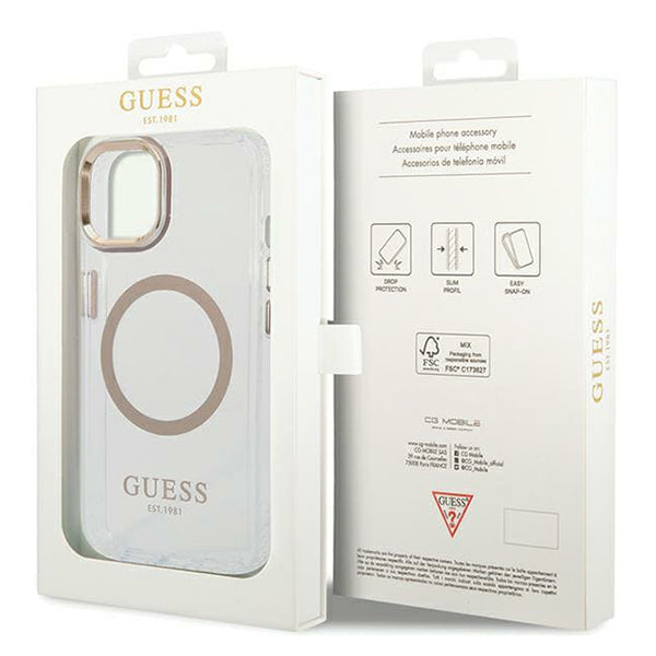 Futrola MagSafe za Apple iPhone 15 Plus, Guess, Metal Outline, Zlatna