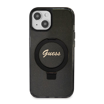 Futrola MagSafe za Apple iPhone 15 Plus, Guess, Ring Stand Script Glitter, Crna