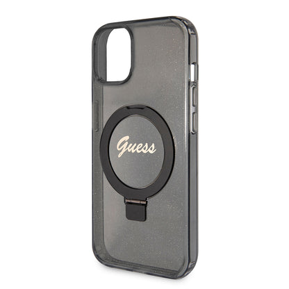 Futrola MagSafe za Apple iPhone 15 Plus, Guess, Ring Stand Script Glitter, Crna