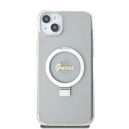 Futrola MagSafe za Apple iPhone 15 Plus, Guess, Ring Stand Script Glitter, Prozirna