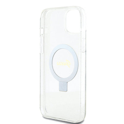 Futrola MagSafe za Apple iPhone 15 Plus, Guess, Ring Stand Script Glitter, Prozirna