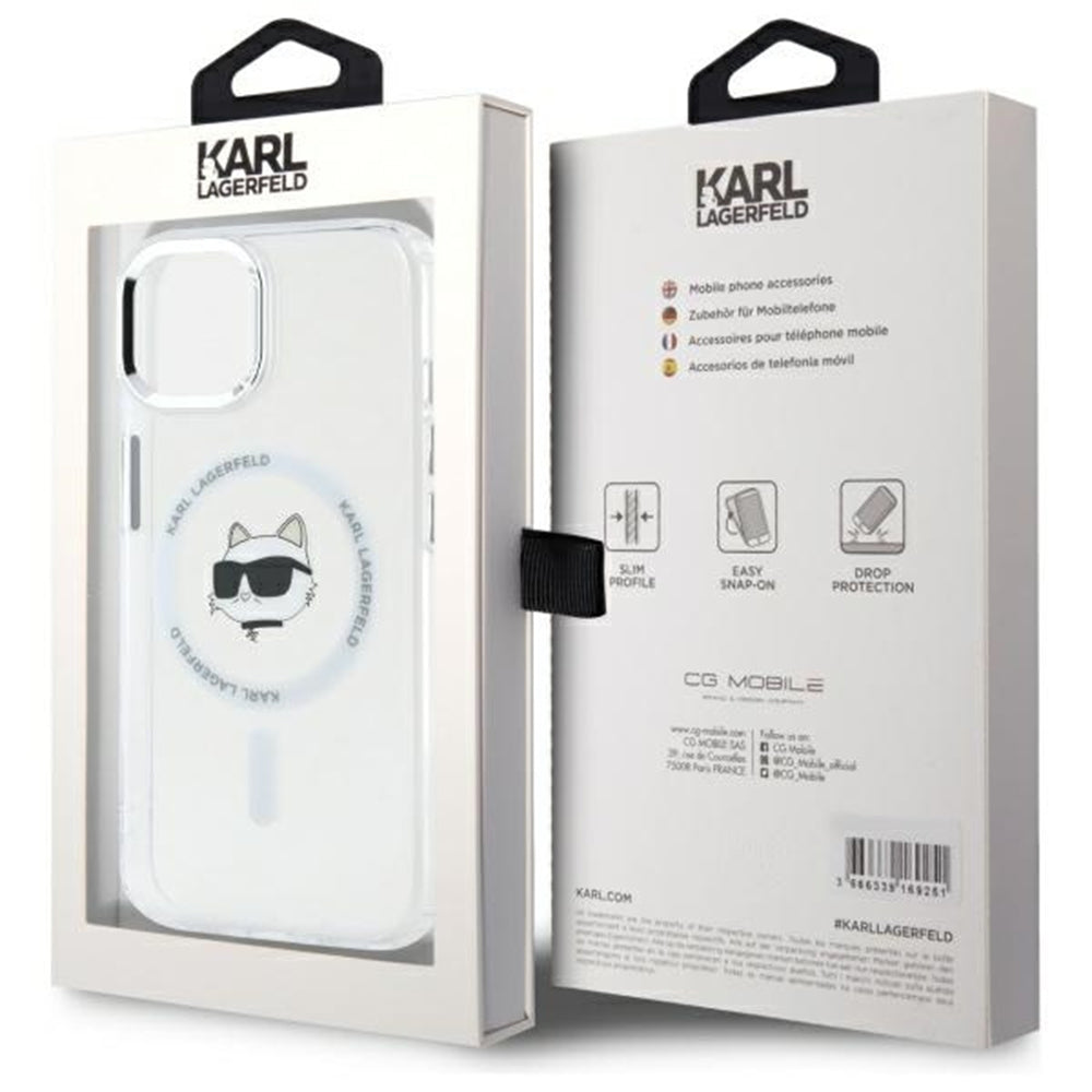 Husa MagSafe za Apple iPhone 15 Plus, Karl Lagerfeld, IML Metal Choupette's Head, Bijela