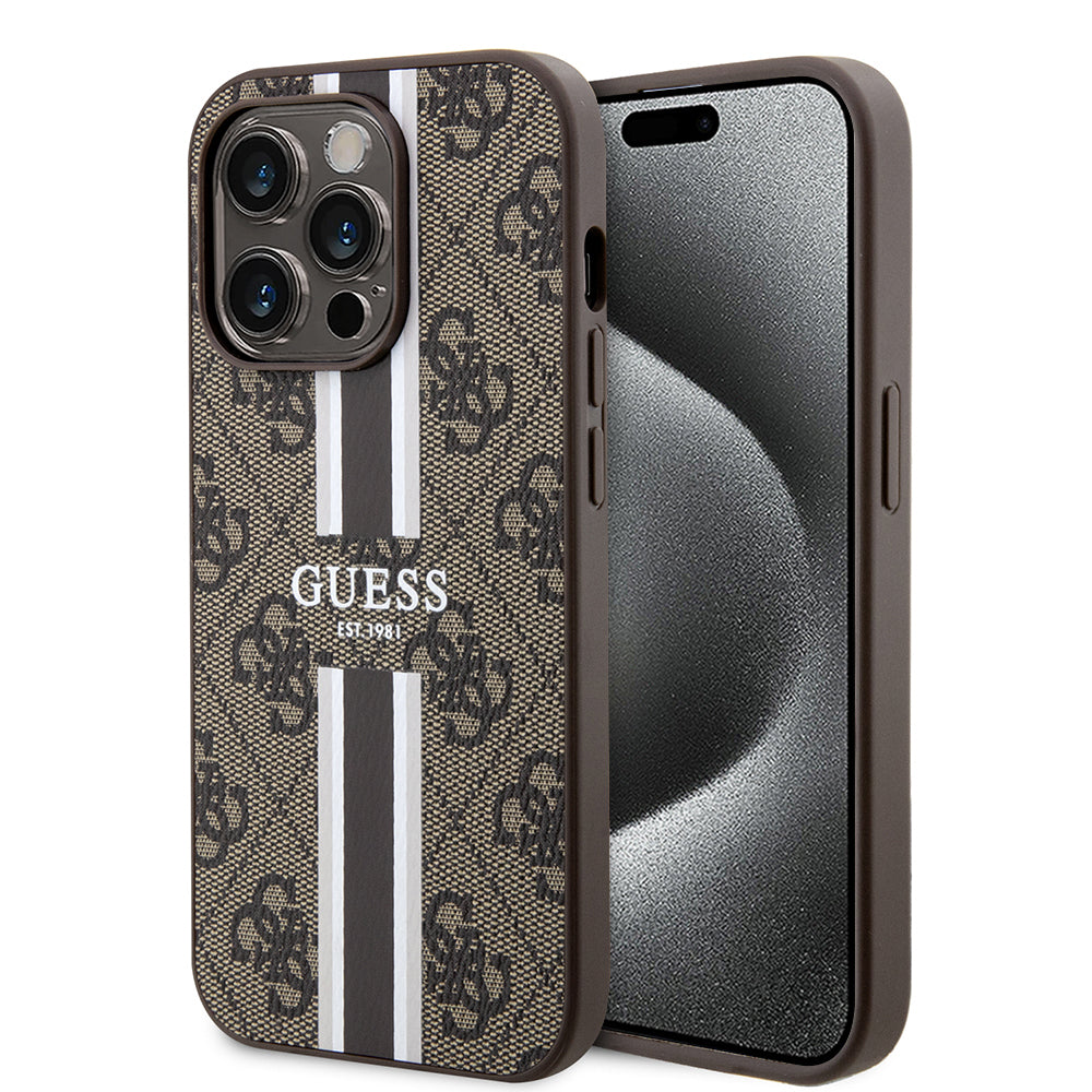 MagSafe futrola za Apple iPhone 15 Pro, Guess, 4G Printed Stripes, smeđa