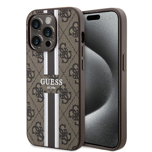 MagSafe futrola za Apple iPhone 15 Pro, Guess, 4G Printed Stripes, smeđa