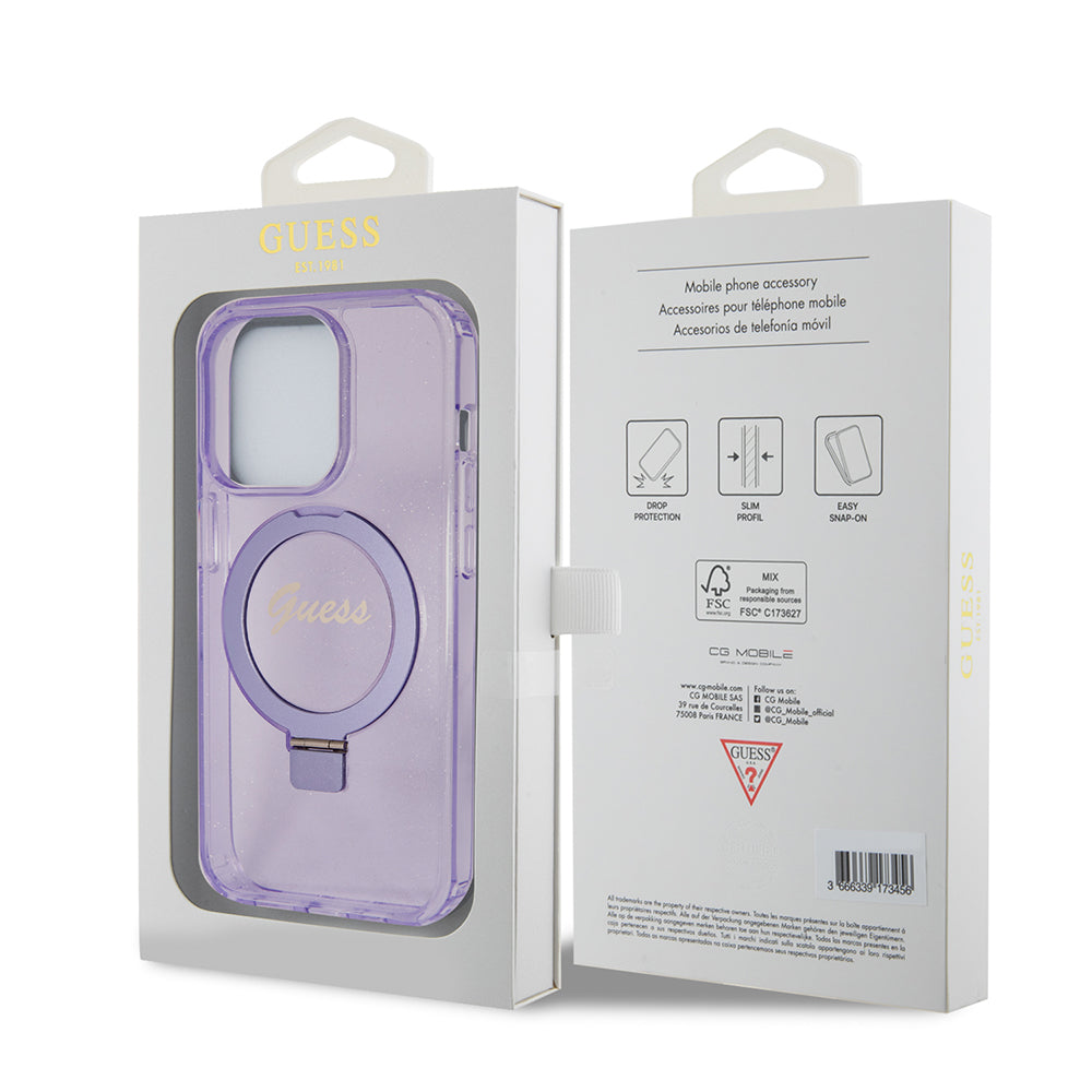 Futrola MagSafe za Apple iPhone 15 Pro, Guess, IML Ring Stand Glitter, Ljubičasta