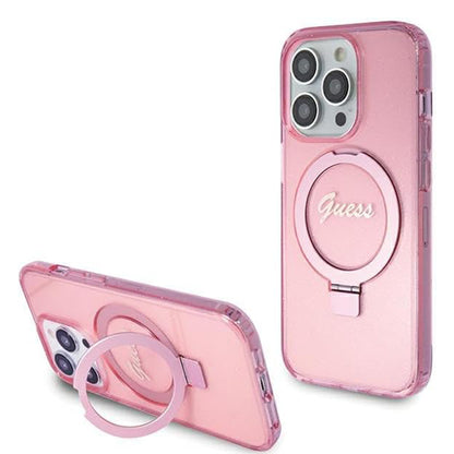 Futrola MagSafe za Apple iPhone 15 Pro, Guess, IML Ring Stand Glitter, Roza