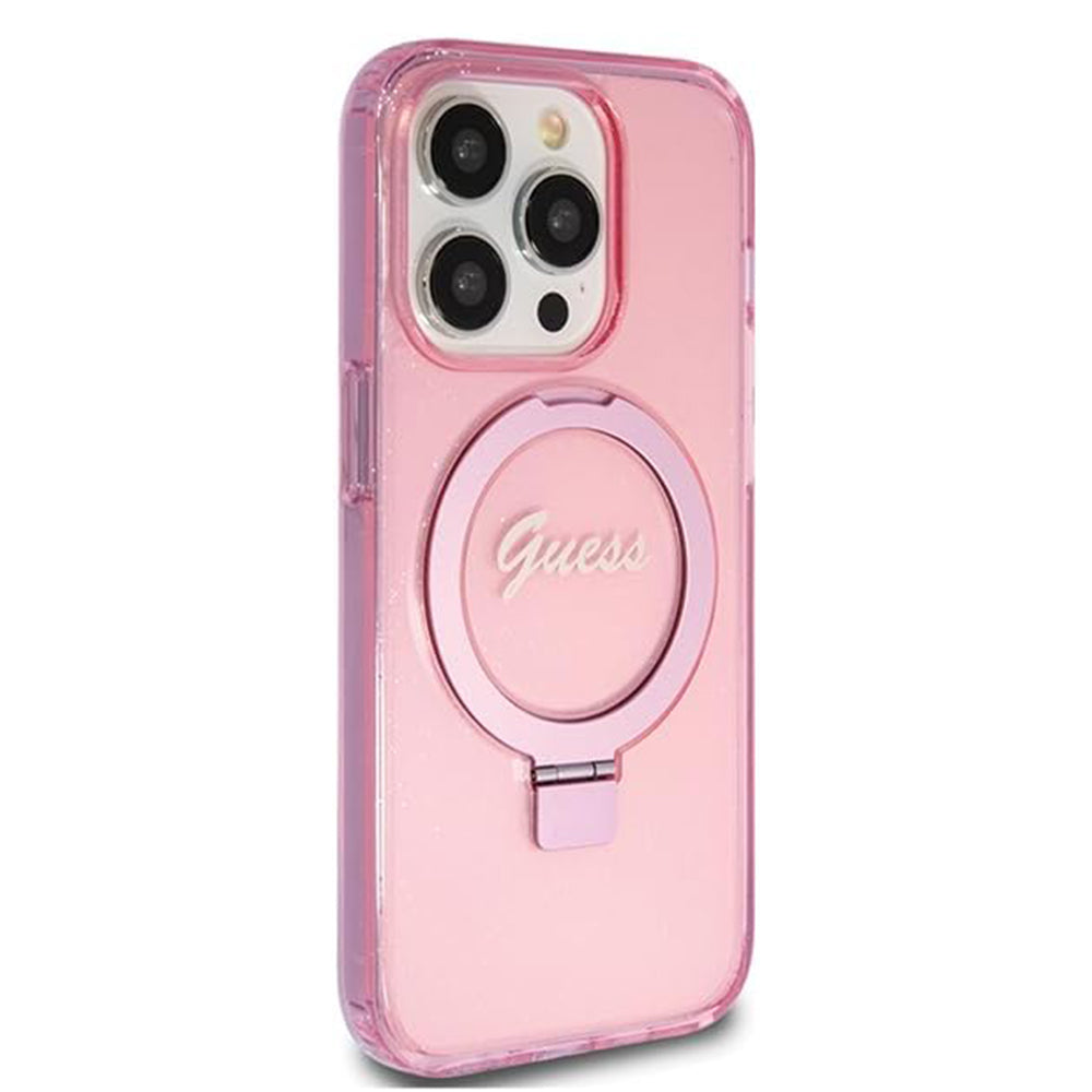Futrola MagSafe za Apple iPhone 15 Pro, Guess, IML Ring Stand Glitter, Roza