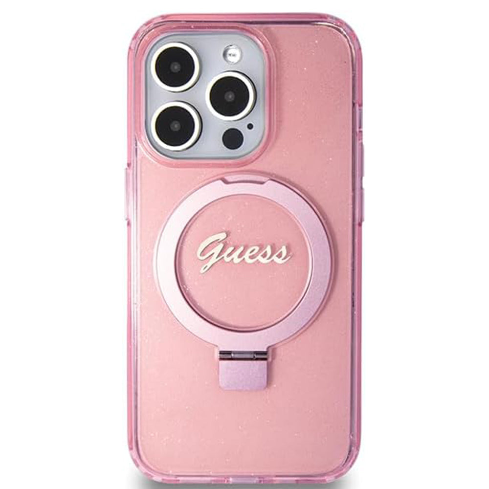 Futrola MagSafe za Apple iPhone 15 Pro, Guess, IML Ring Stand Glitter, Roza