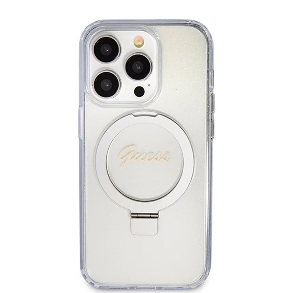 Futrola MagSafe za Apple iPhone 15 Pro, Guess, IML Ring Stand Glitter, Prozirna