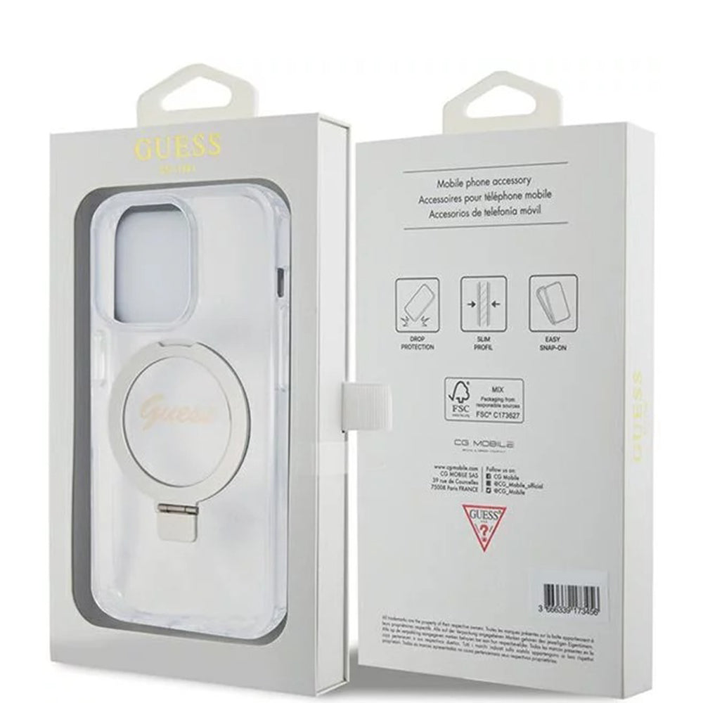 Futrola MagSafe za Apple iPhone 15 Pro, Guess, IML Ring Stand Glitter, Prozirna