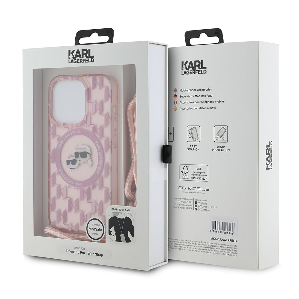 MagSafe torbica za Apple iPhone 15 Pro, Karl Lagerfeld, IML Crossbody Monogram Karl & Choupette's Heads, Roza
