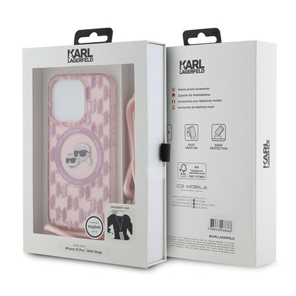 MagSafe torbica za Apple iPhone 15 Pro, Karl Lagerfeld, IML Crossbody Monogram Karl & Choupette's Heads, Roza